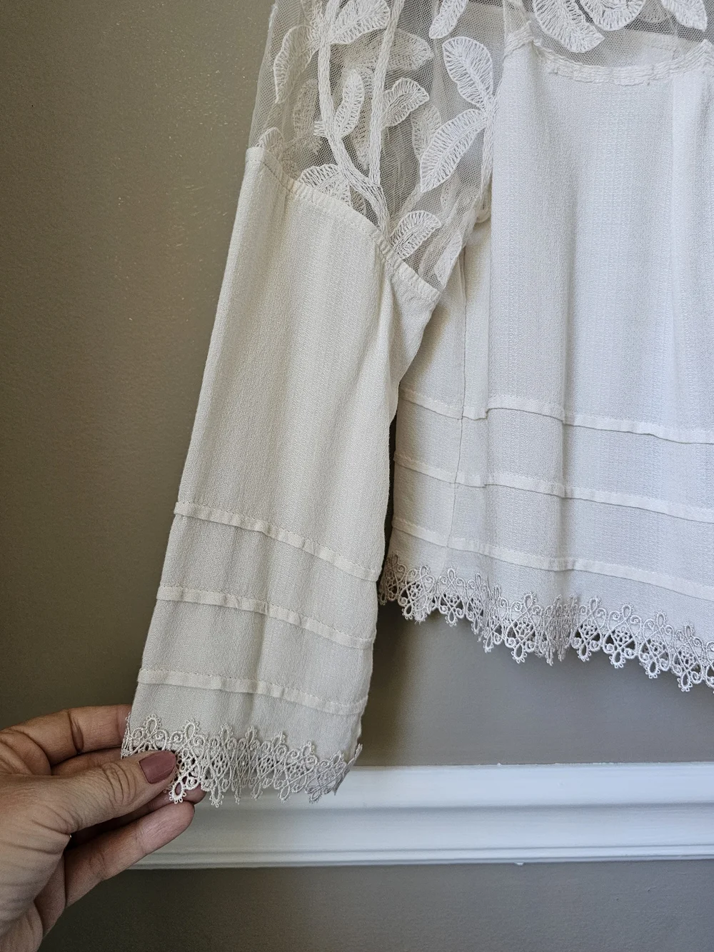 Free People Ivory Lace High Neck Boho Blouse XS Sheer Embroidered Top